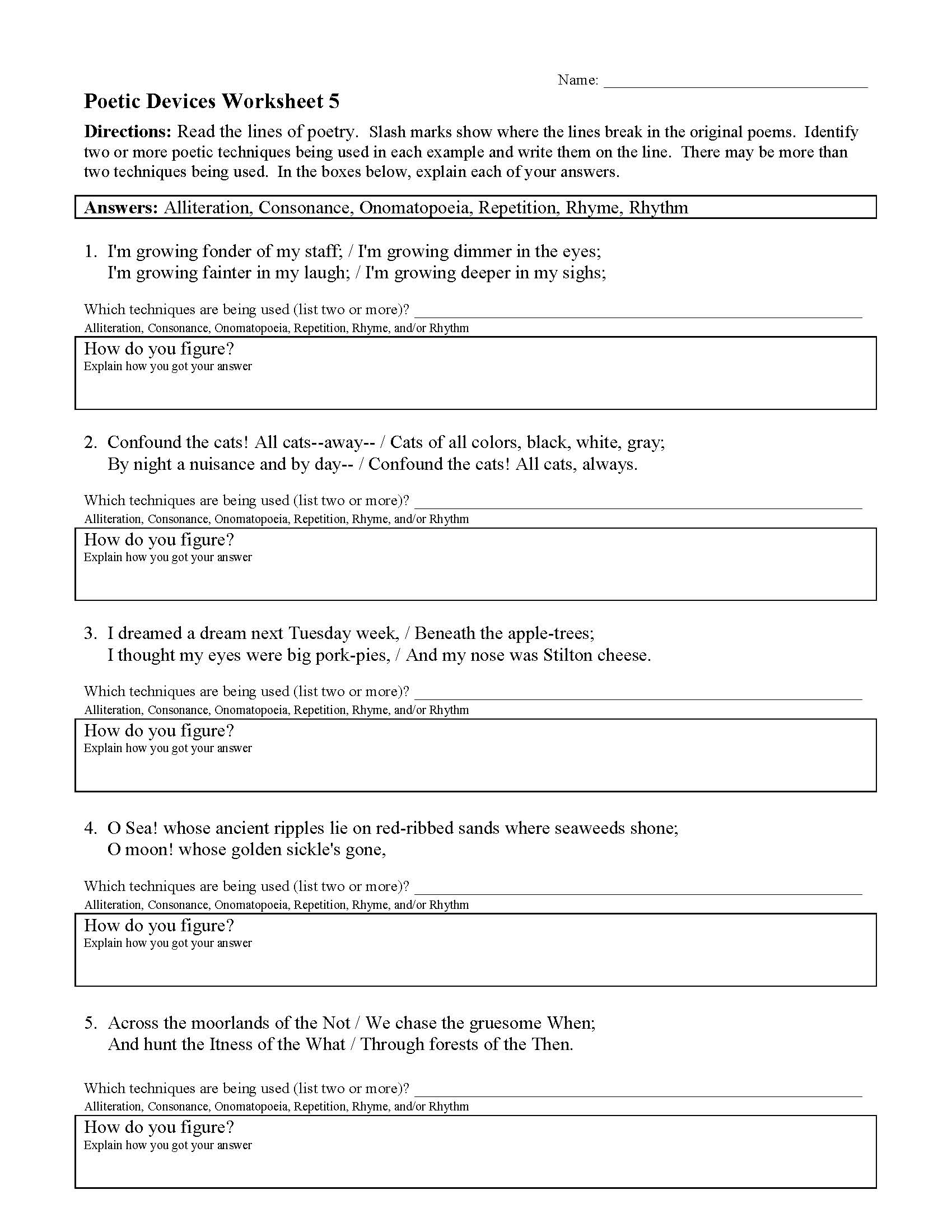 Poetic Devices Worksheet 2 Answer Key Printable Word Searches