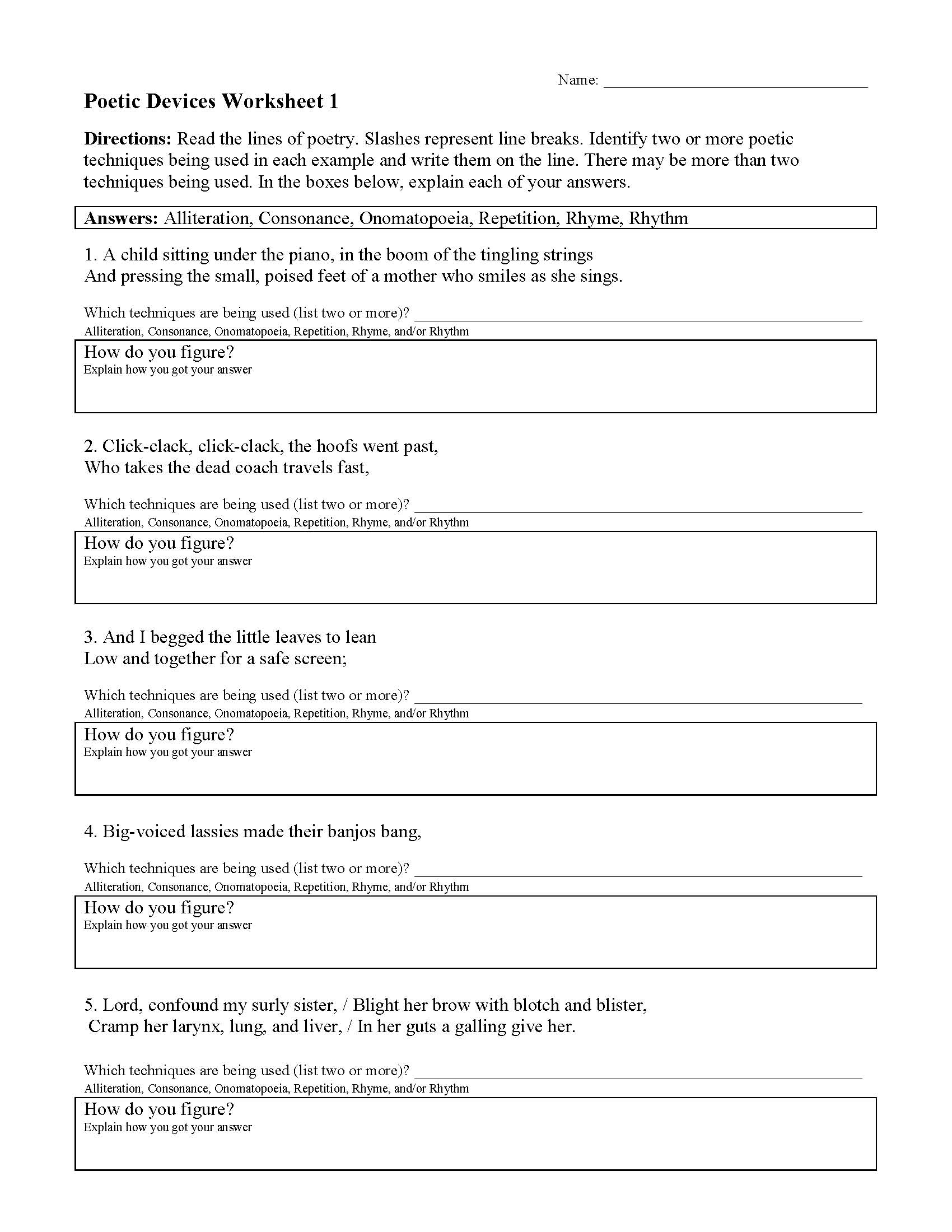 Poetic Devices Worksheet Pdf