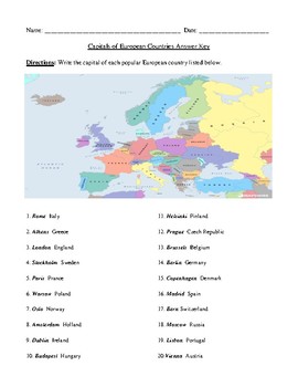 Popular European Capitals And Countries Worksheet Or Test With Answer Key