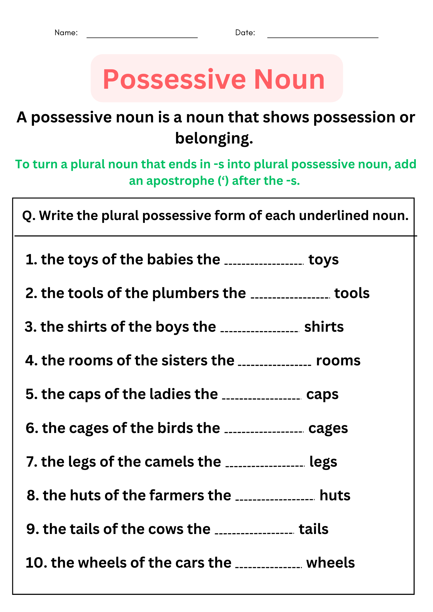 Possessive Nouns Worksheets 3Rd Grade Worksheets For Kindergarten