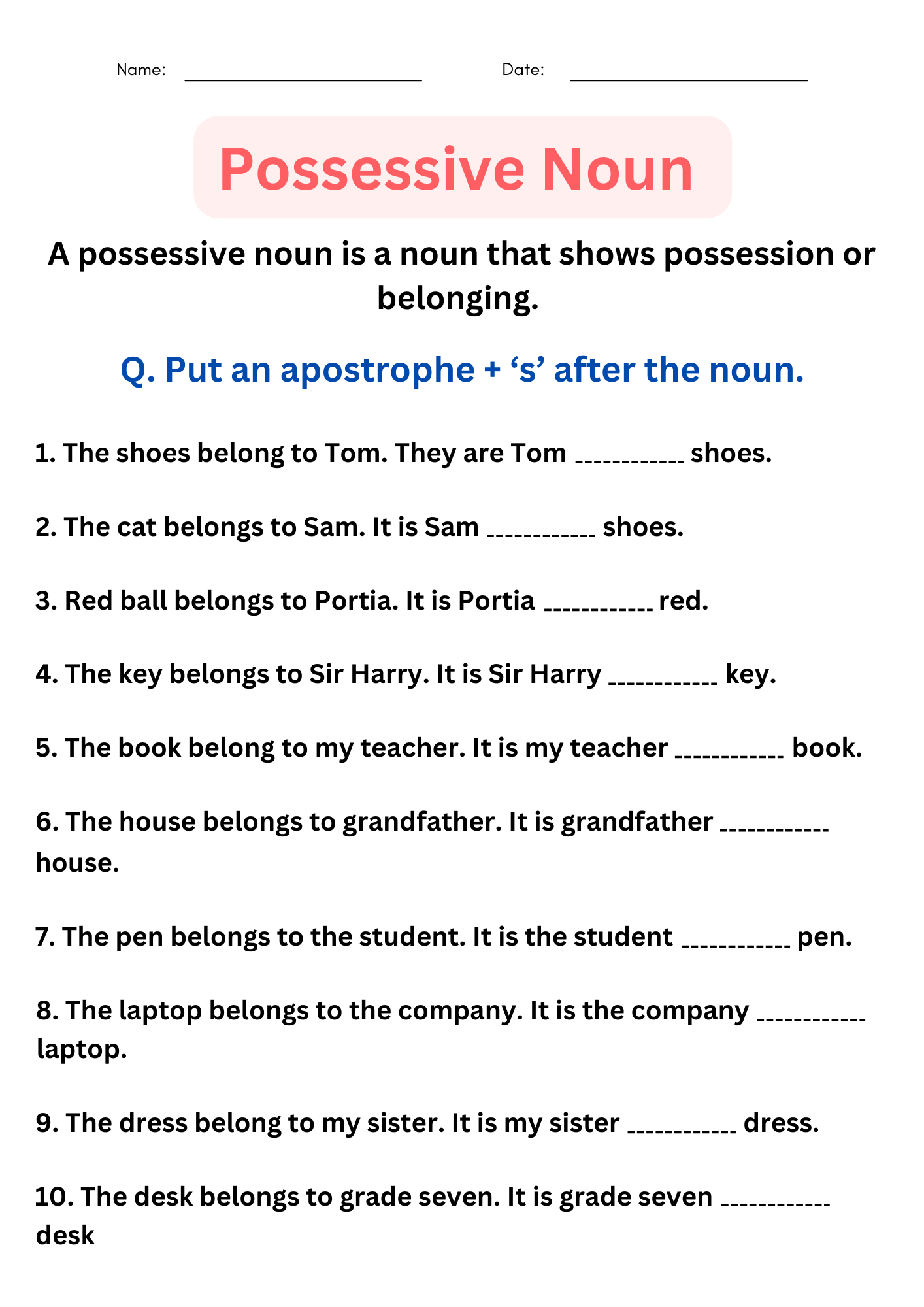 Possessive Nouns Worksheets With Answers Pdf