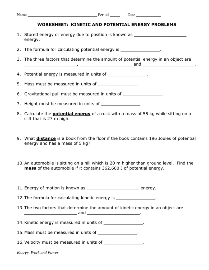 Potential Energy Problems Worksheet Db Excel Com