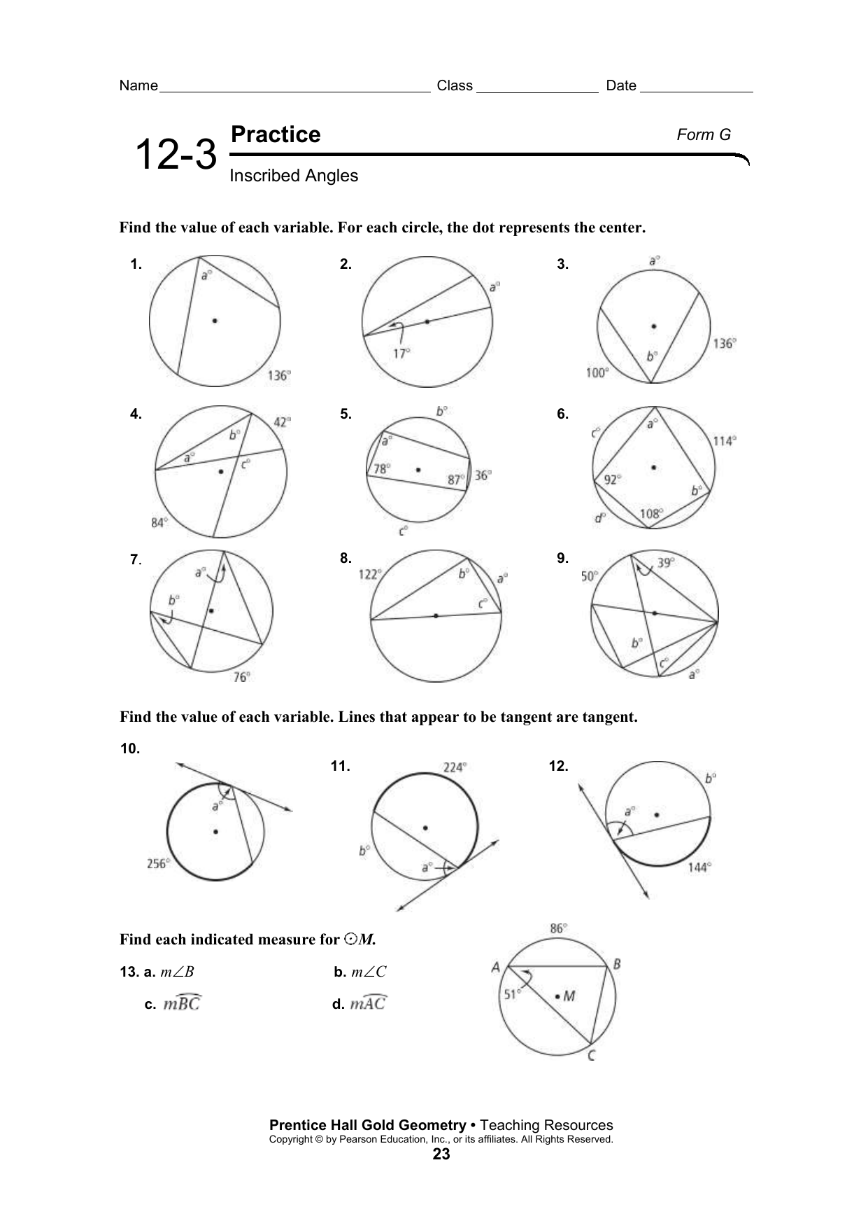 Practice 12 3 Inscribed Angles Worksheet Answers Angleworksheets Com