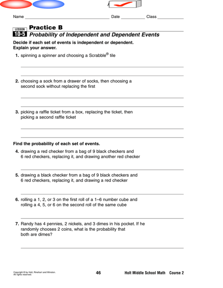 Practice B 10 5 Probability Of Independent And Dependent Events