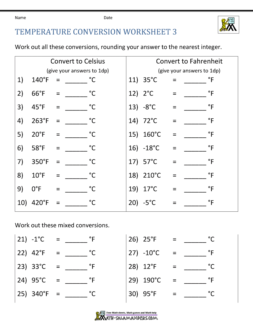 Practice Temperature Conversion Worksheets