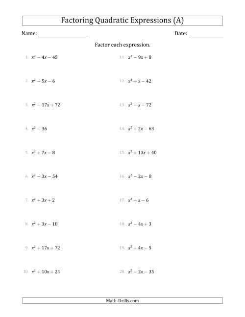 Practice Worksheet Factoring Quadratics Answers