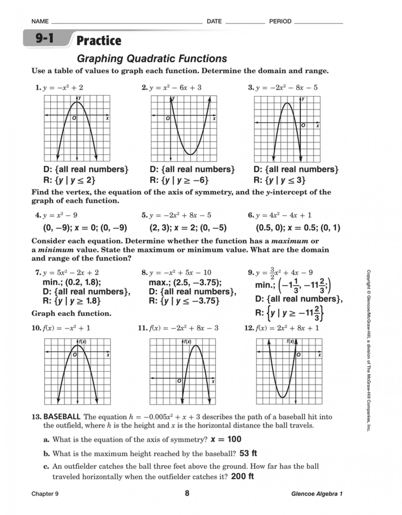 Practice Worksheet Graphing Quadratic Functions In Standard Form