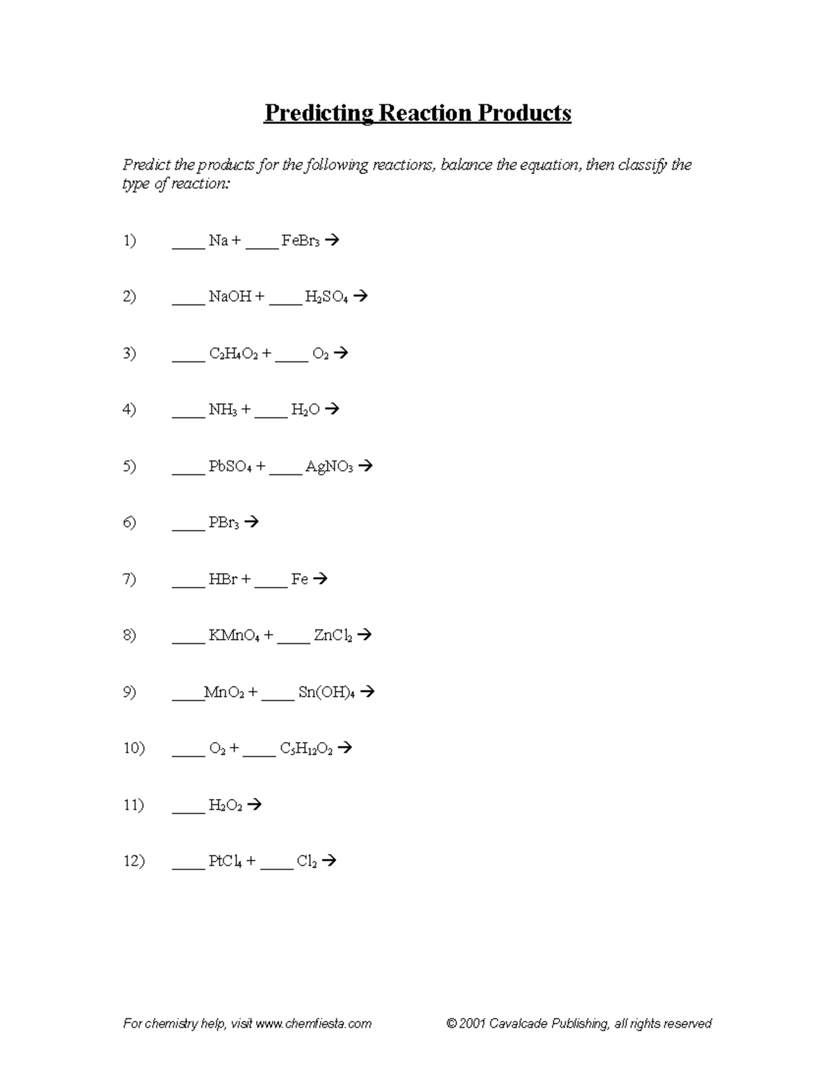 Predicting Chemical Reaction Products Quiz Tpt