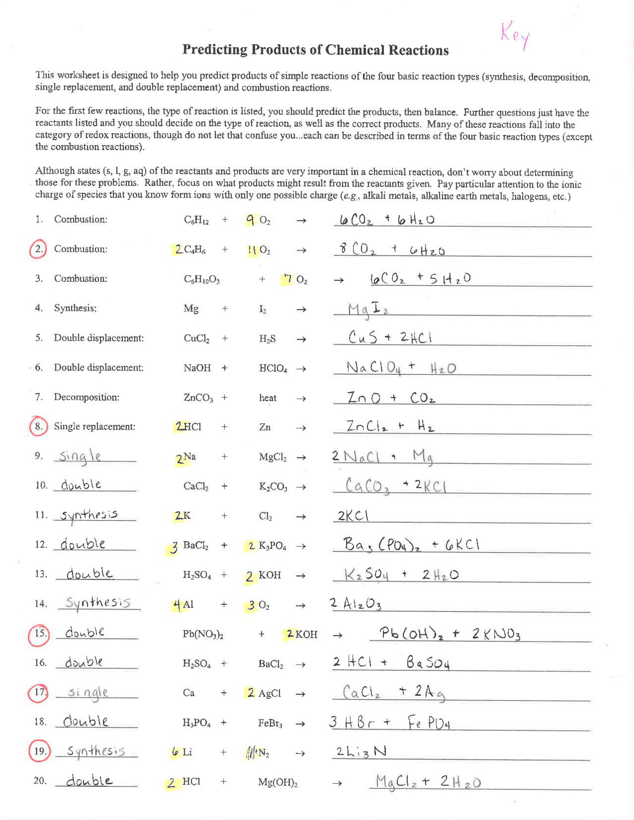 Predicting Products Of Chemical Reactions Worksheet Answers Db Excel Com