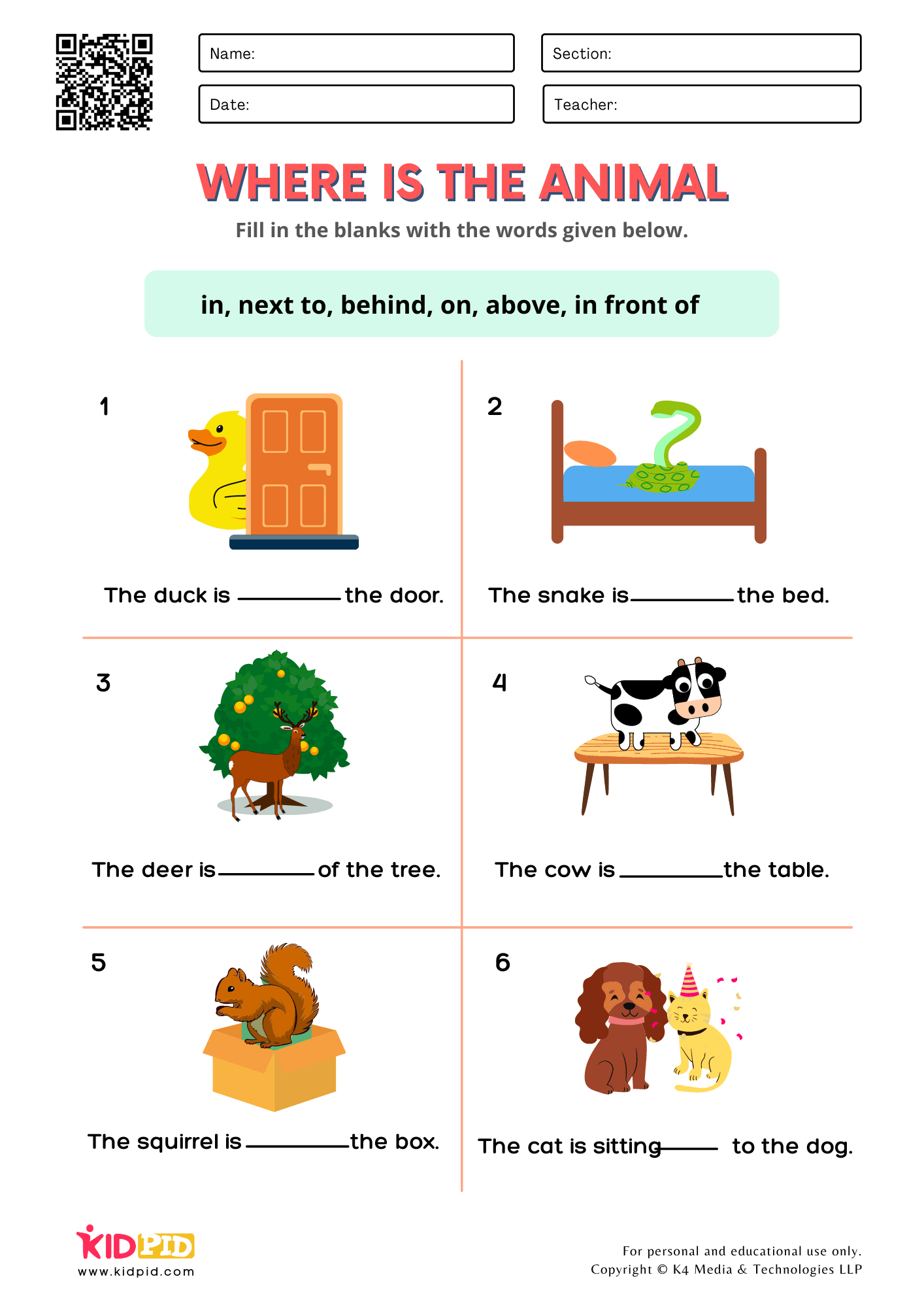 Free Preposition Worksheets for Kindergarten Kids