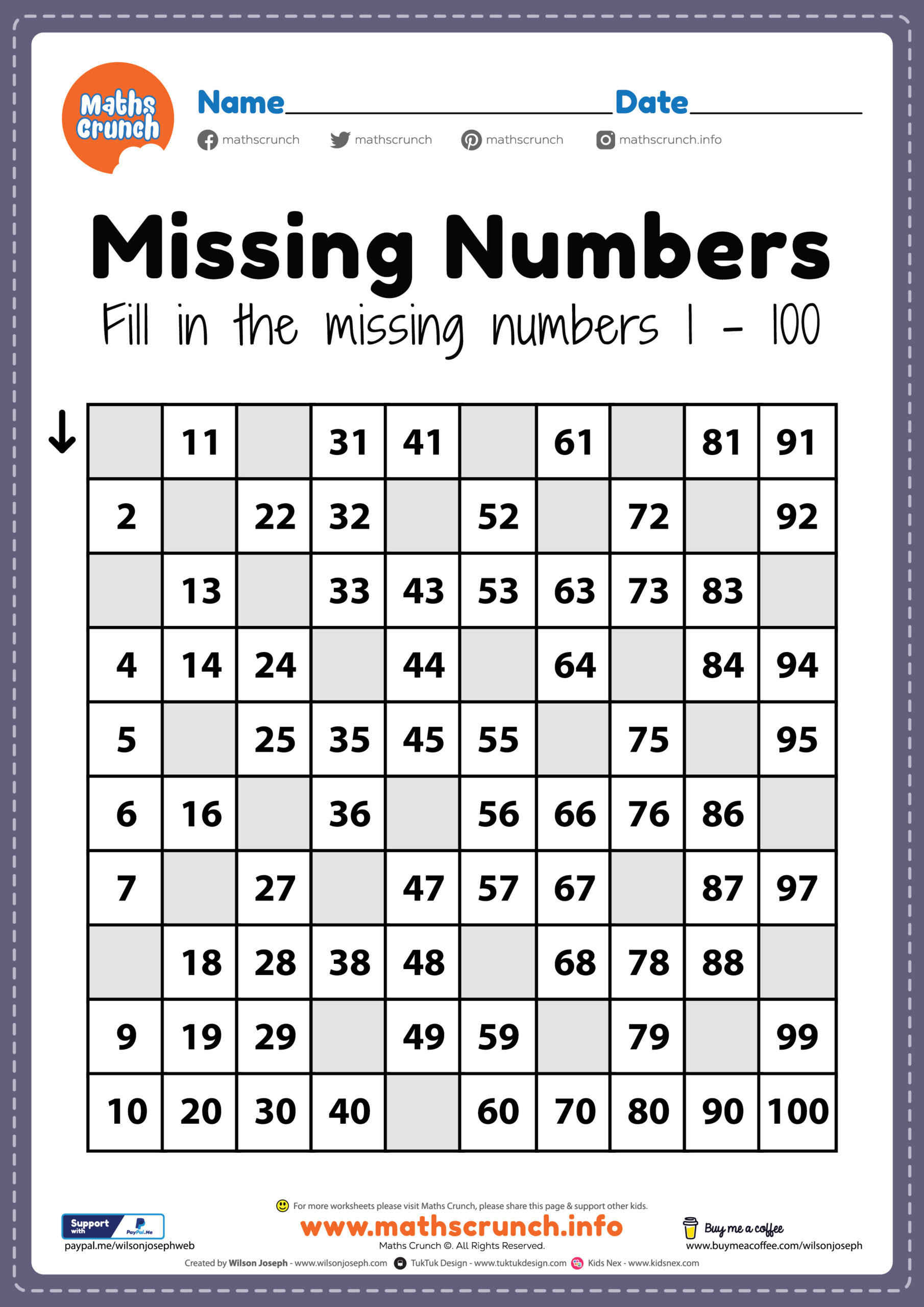 Preschool Math Worksheets Missing Numbers 1 To 100 Printable Sheet For Kindergarten Kids