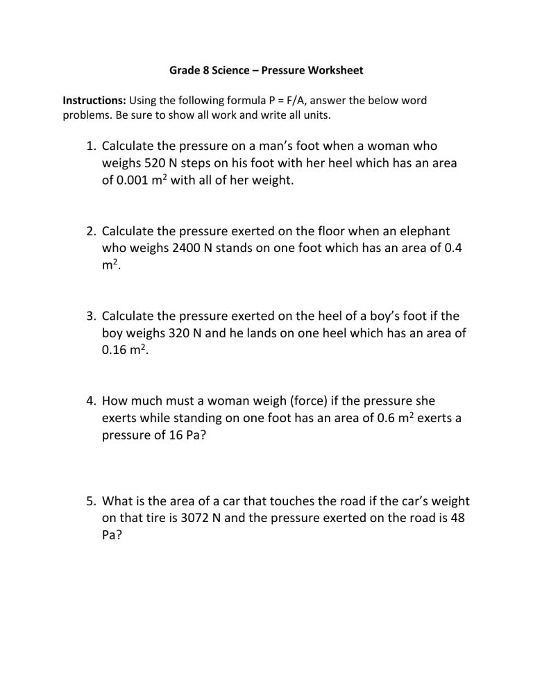 Pressure Worksheet With Answers