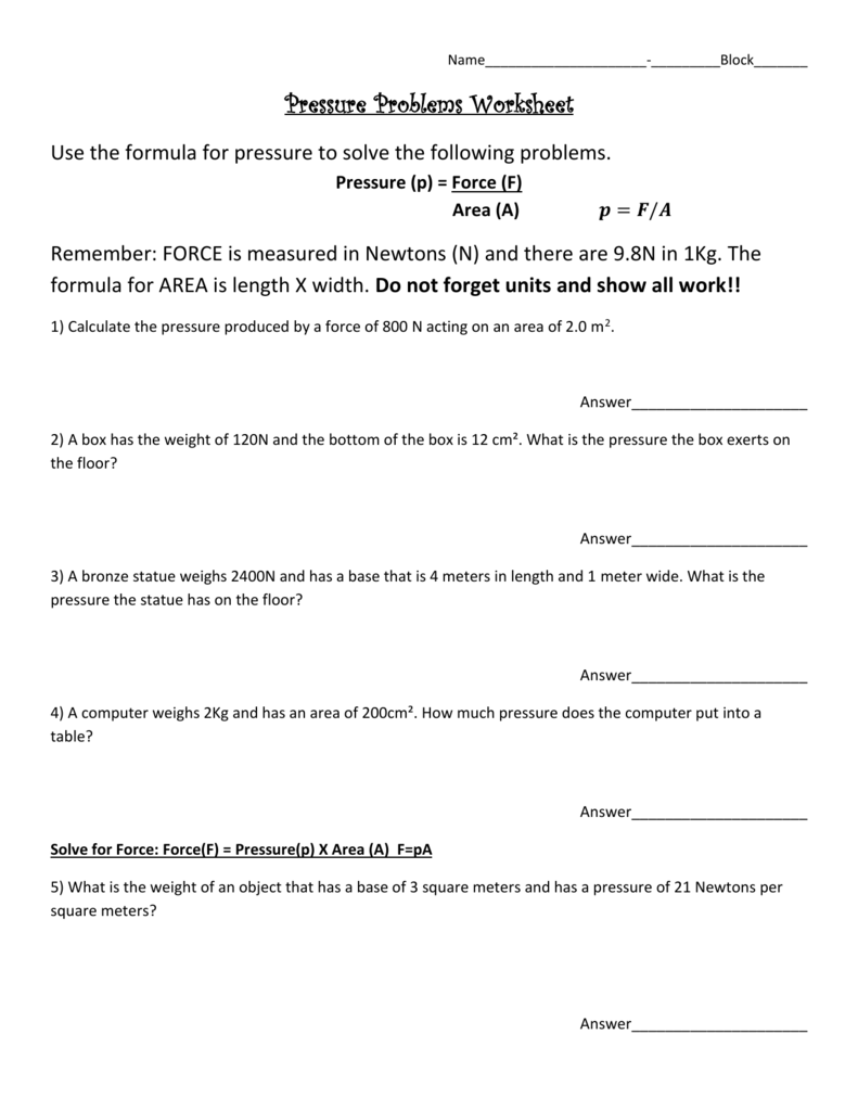 Pressure Worksheet