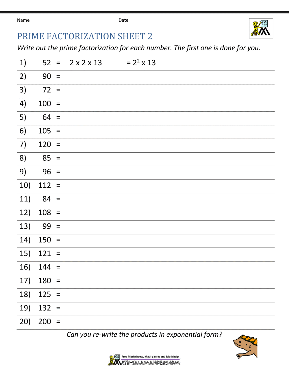 Prime Factorization Worksheets Tim S Printables