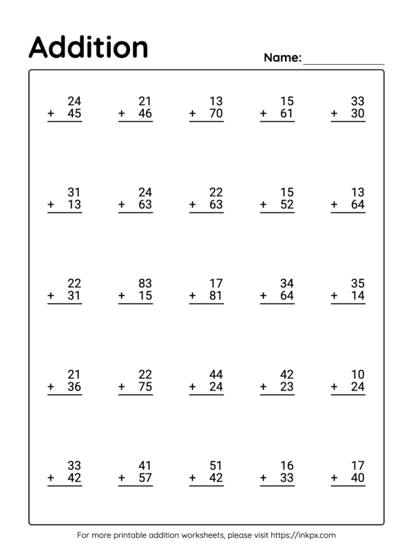 Printable 2 Digit Addition Worksheet Without Regrouping 1 Inkpx