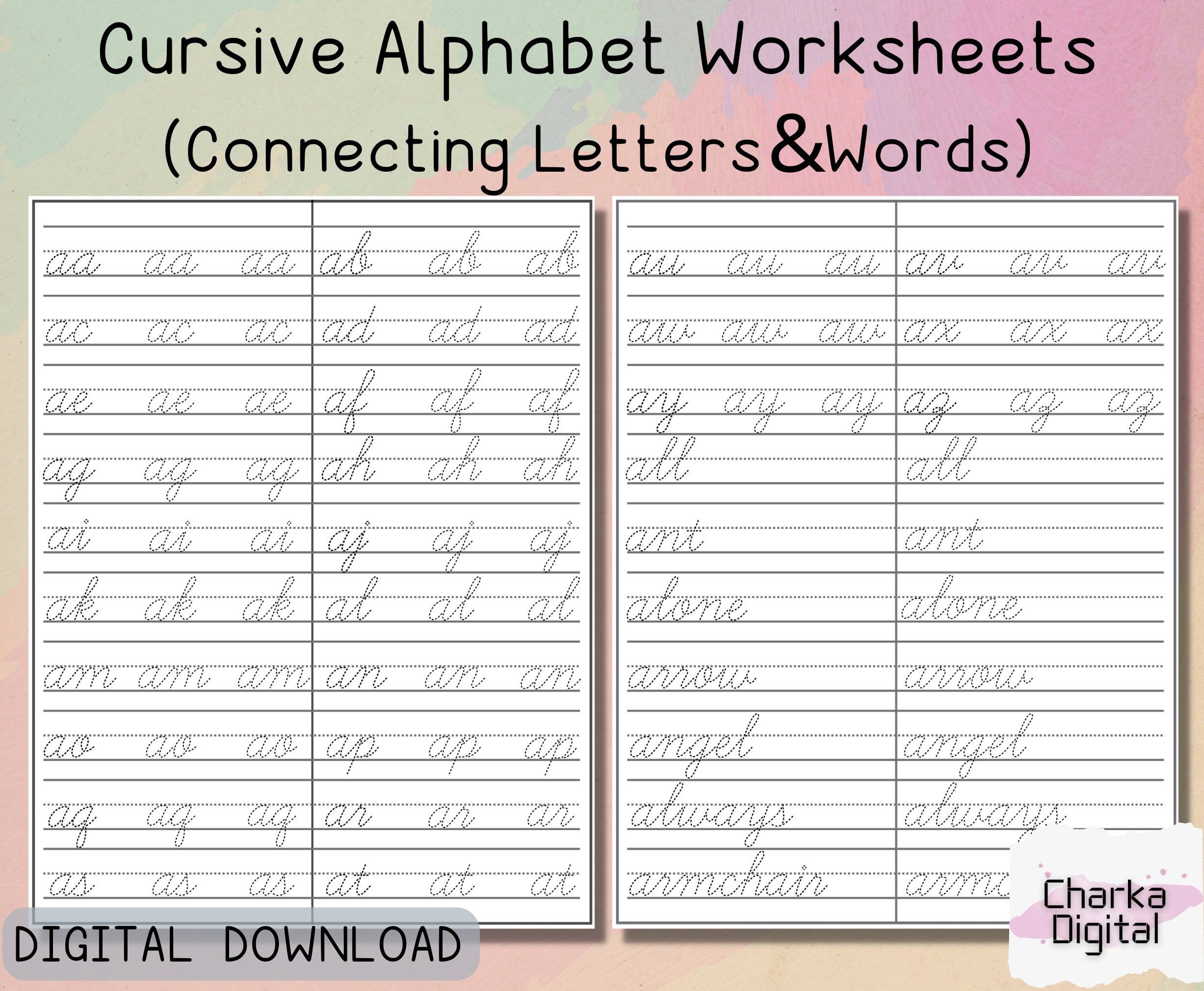 Printable Cursive Alphabet Worksheets Handwritting Practice Etsy