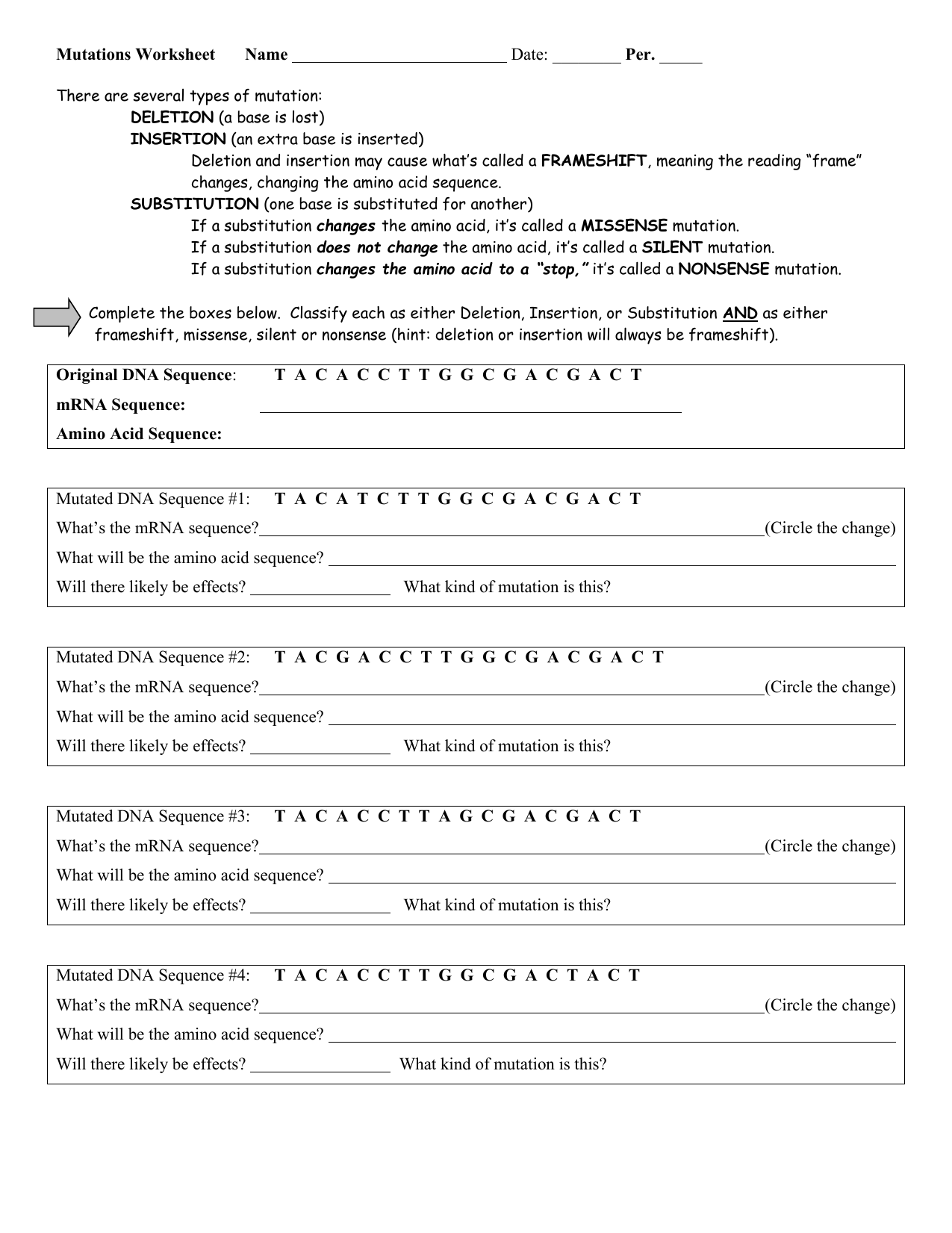 Printable Dna Mutation Activity Sheet Engaging And Fun Way To Learn