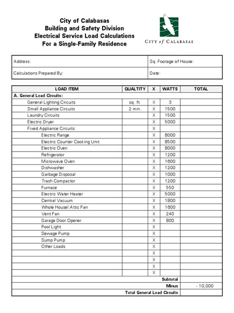 Printable Load Calculation Sheet