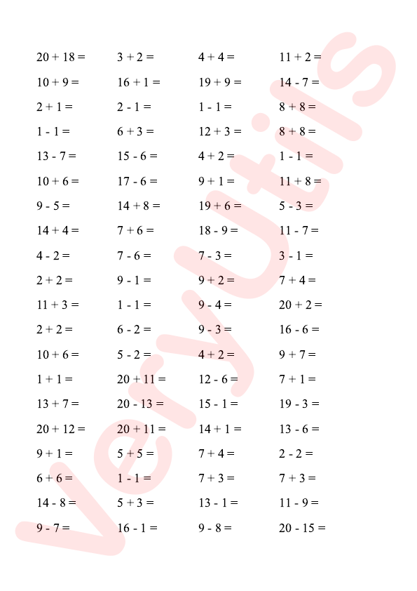 Printable Math Worksheets In Pdf Format Up To 20 Including Addition