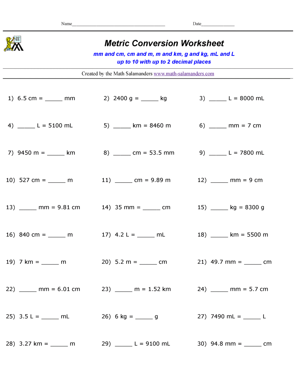 Printable Metric Conversion Worksheets