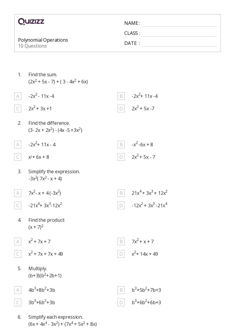 Printable Polynomial Operations Worksheets For Grade 9 Quizizz