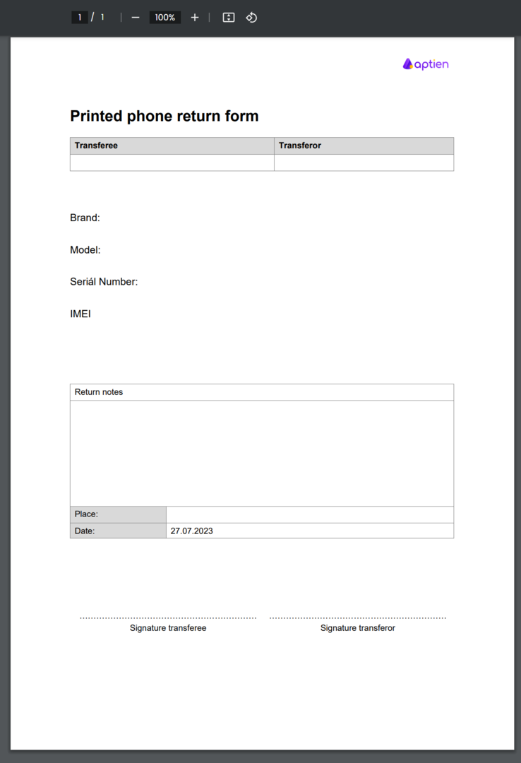 Printed Phone Return Print Forms Library Aptien