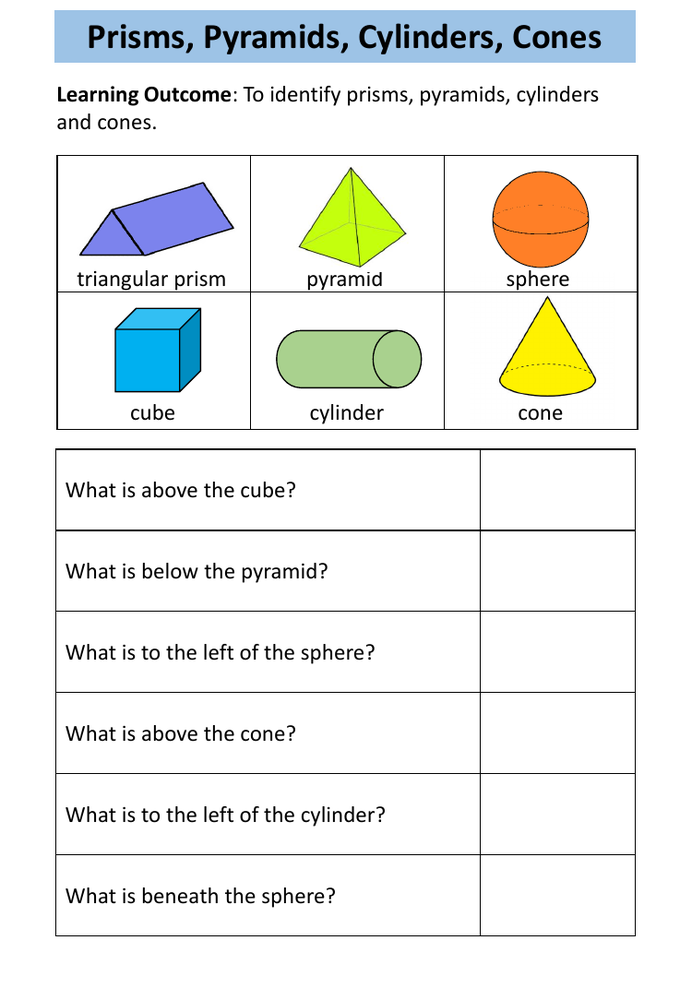 Prisms Pyramids Cylinders Cones And Spheres Worksheets