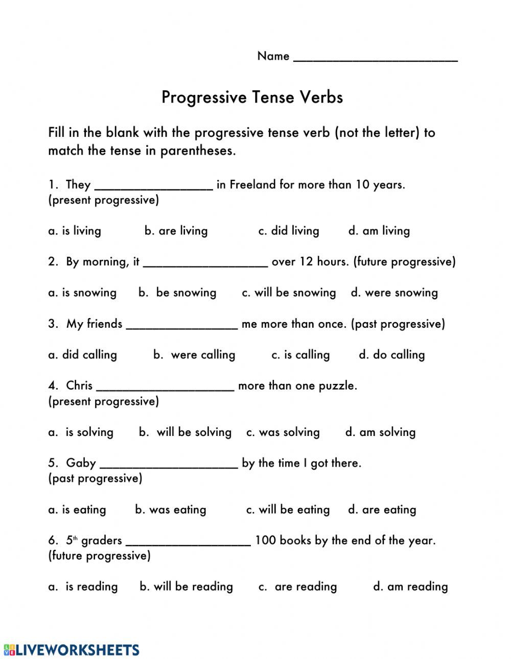 Progressive Tenses Of Verbs Worksheets