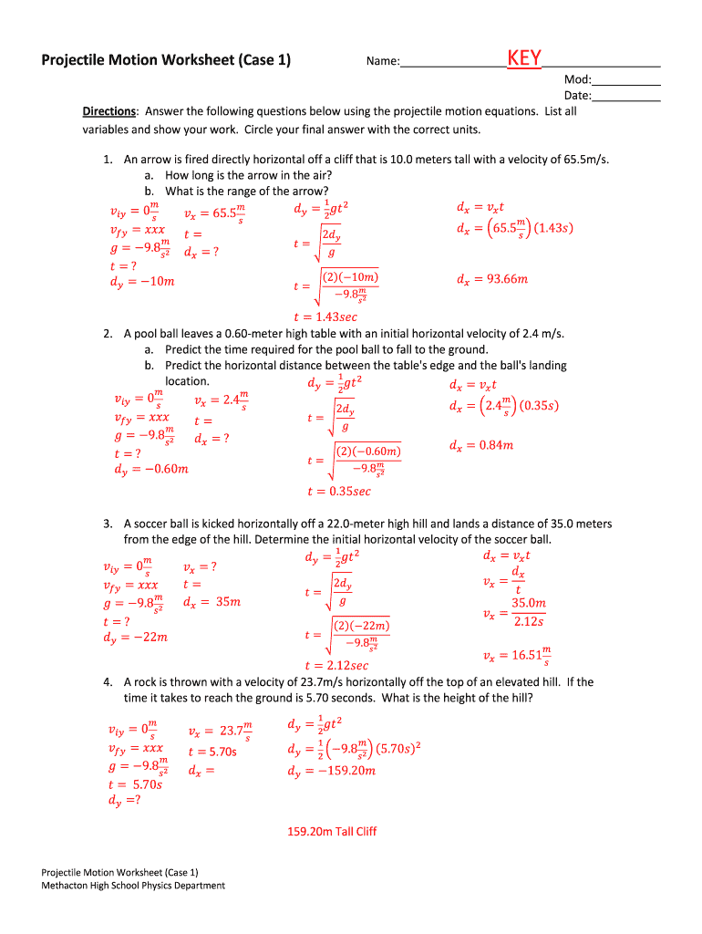 Projectile Motion Word Problems Worksheet With Answers Pdf Fill