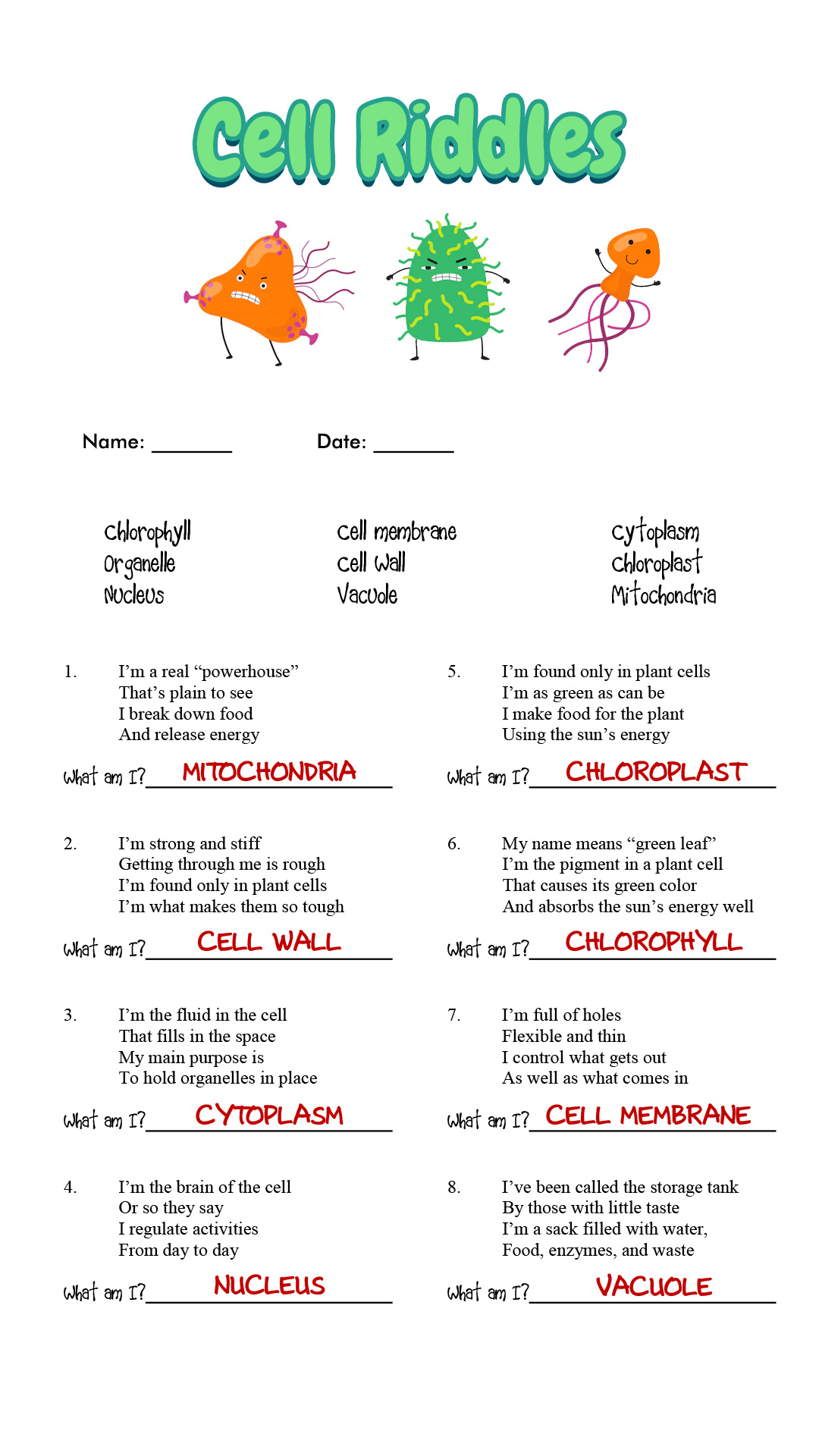 Prokaryotic And Eukaryotic Cells Worksheet Answers Teaching Cells