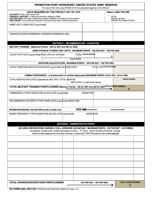 Promotion Points Worksheet Army