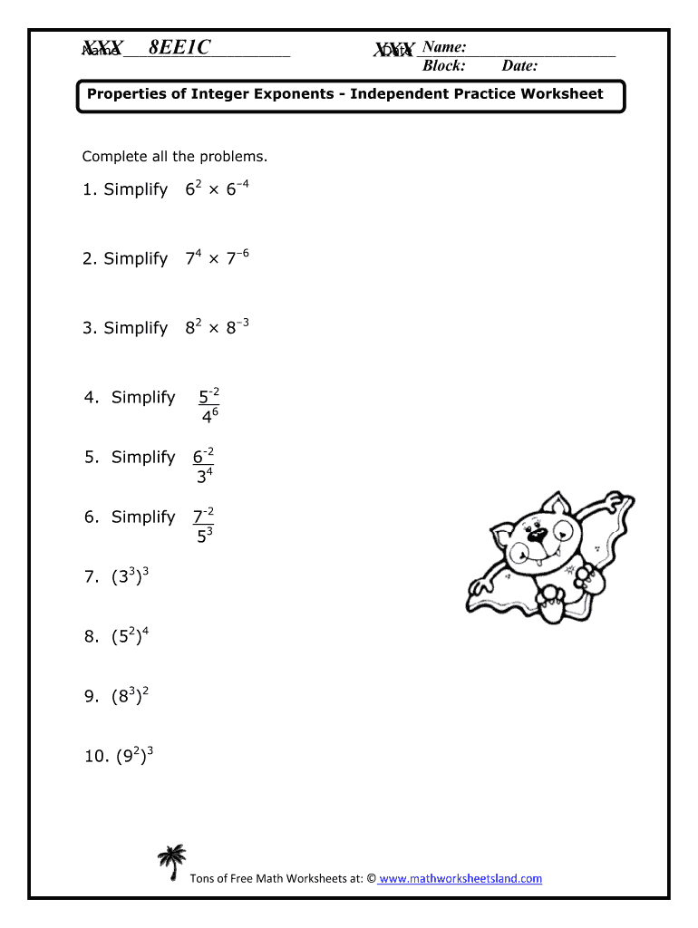 Properties Of Integer Exponents Worksheets