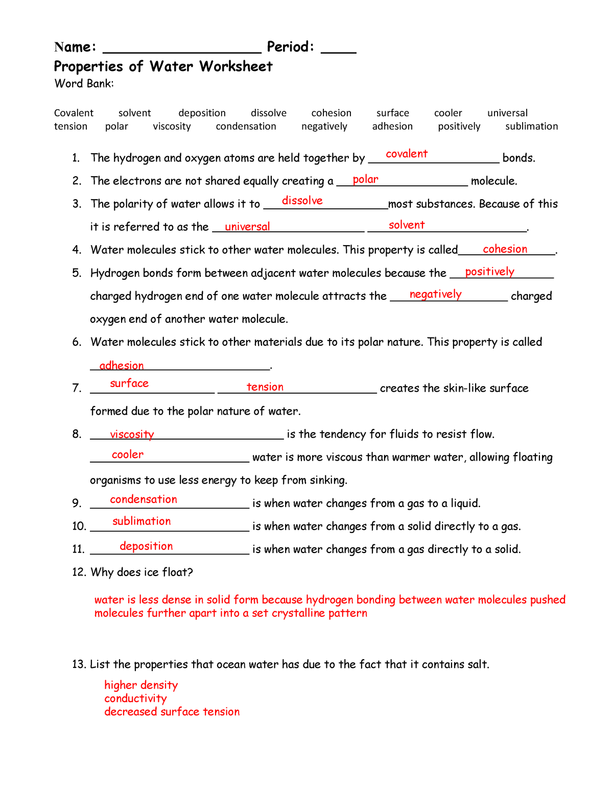 Properties Of Water Worksheet Key Name Period