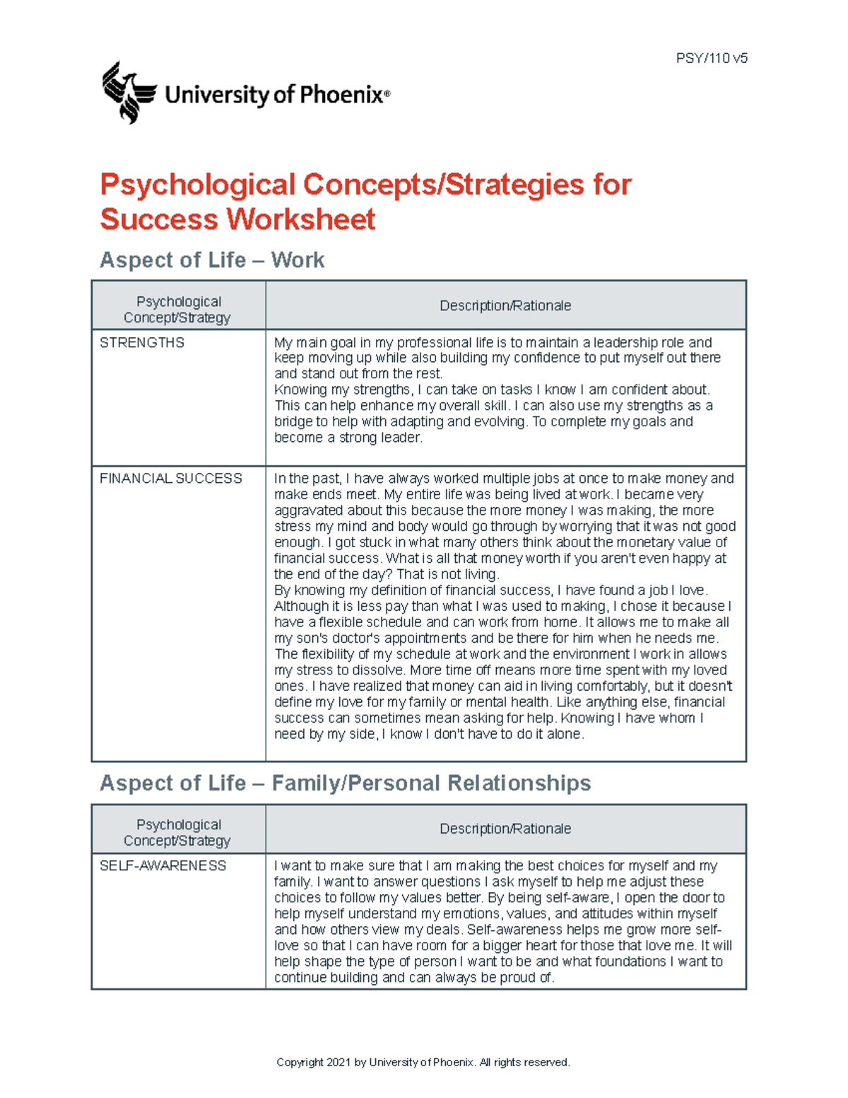 Psy110 V5 Wk2 Psychological Concepts Strategies For Success Worksheet