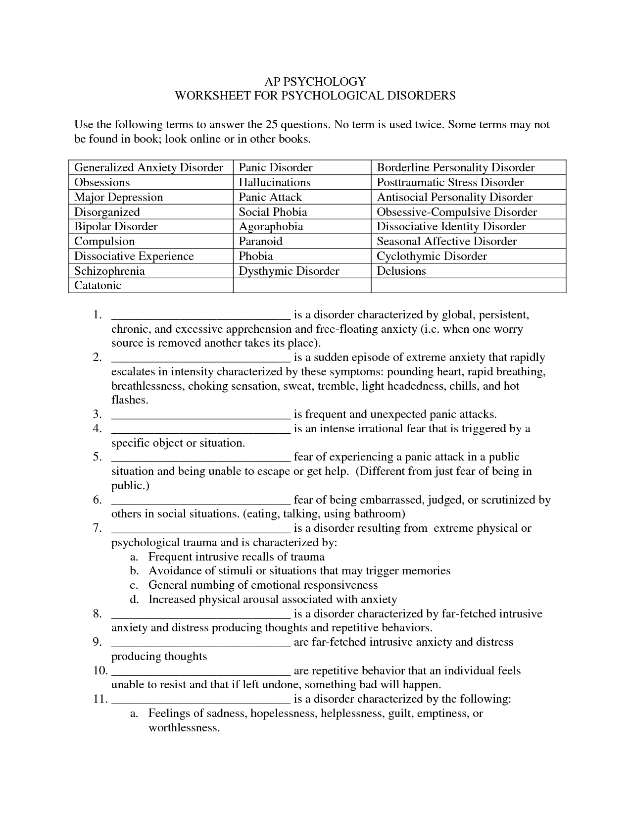 Psychology Worksheet