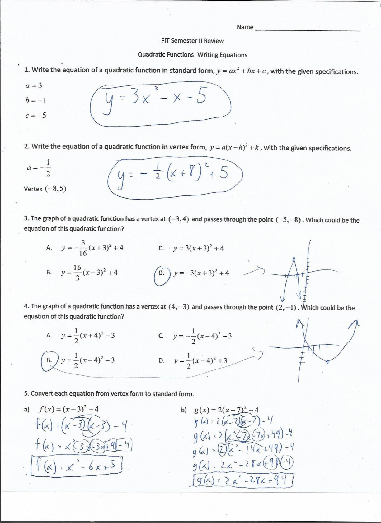 Quadratic Equation Worksheet With Answer Key Function Worksheets