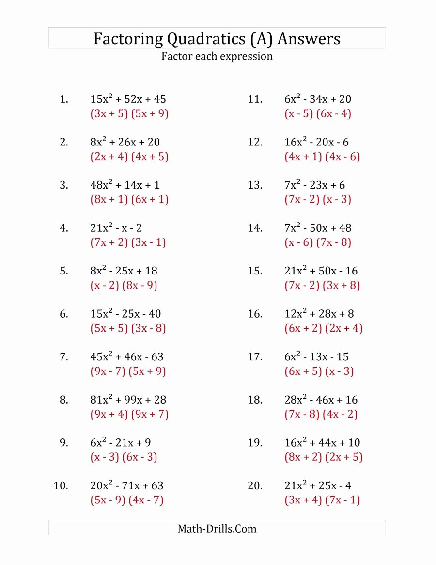 Quadratic Factoring Algebra 2 Worksheet Printable