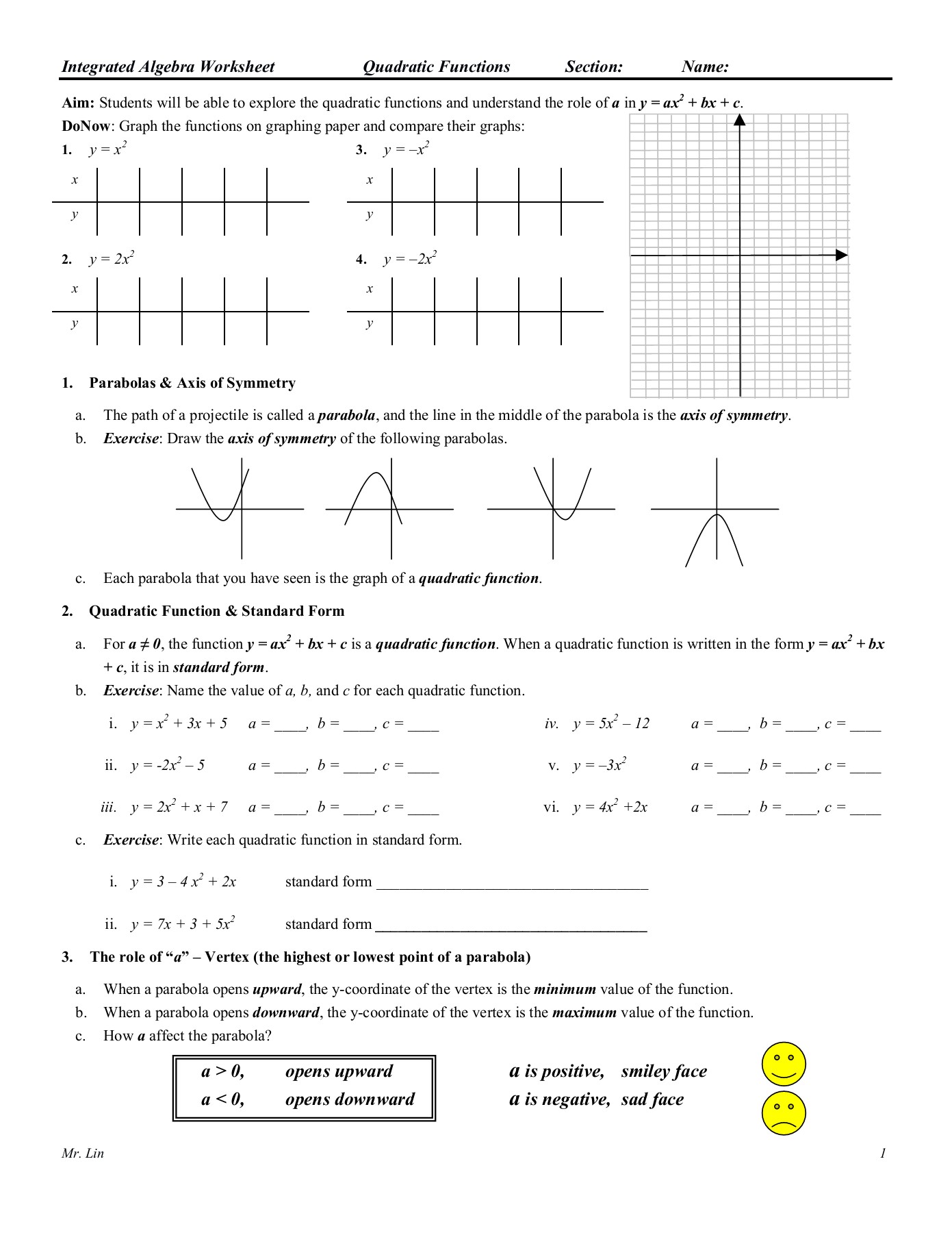 Quadratic Functions Worksheet With Answers Englishworksheet My Id