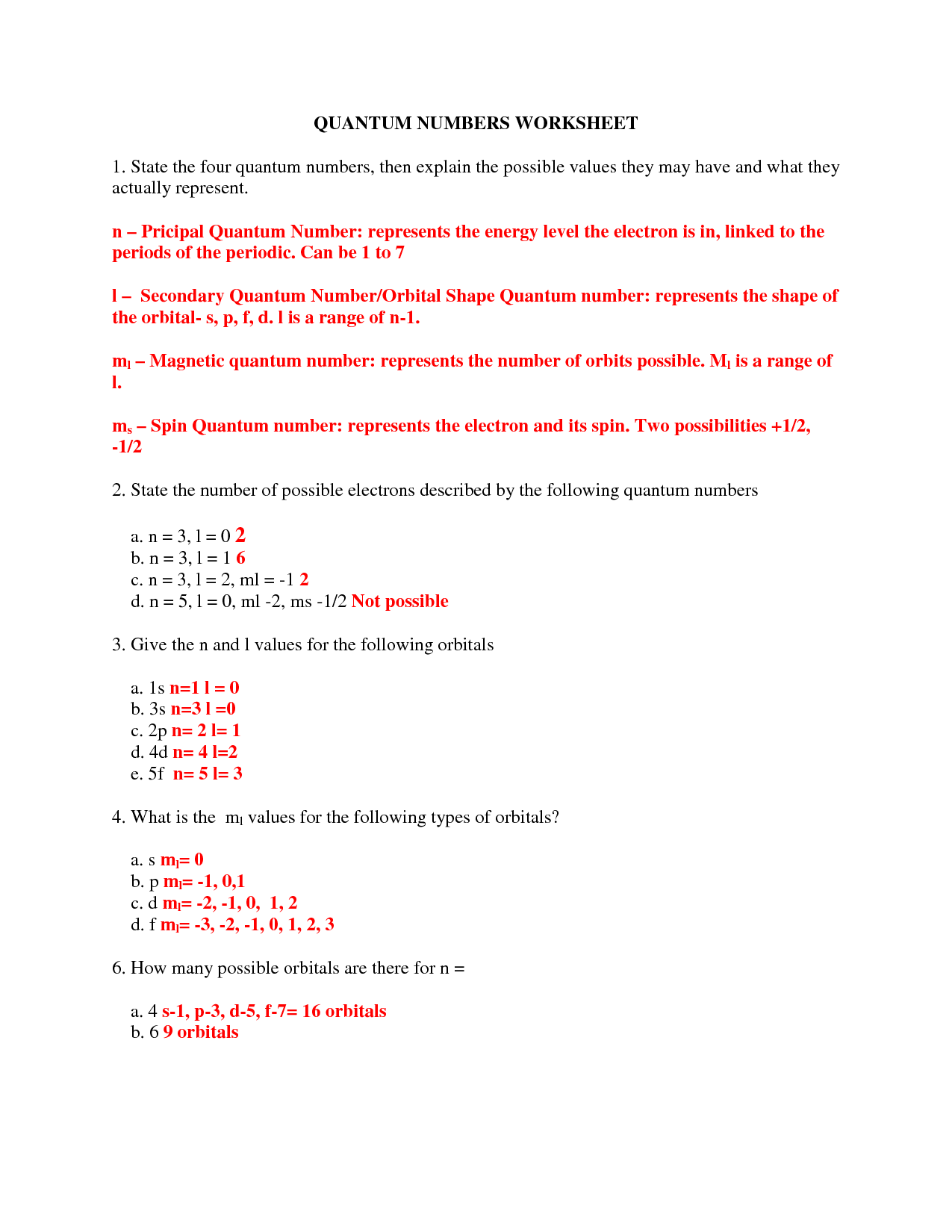 Quantum Numbers Practice Worksheet Go This Worksheet For The Easiest