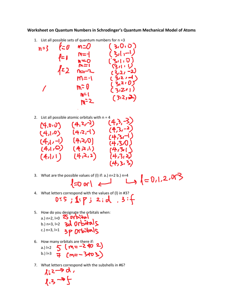 Quantum Numbers Practice Worksheets