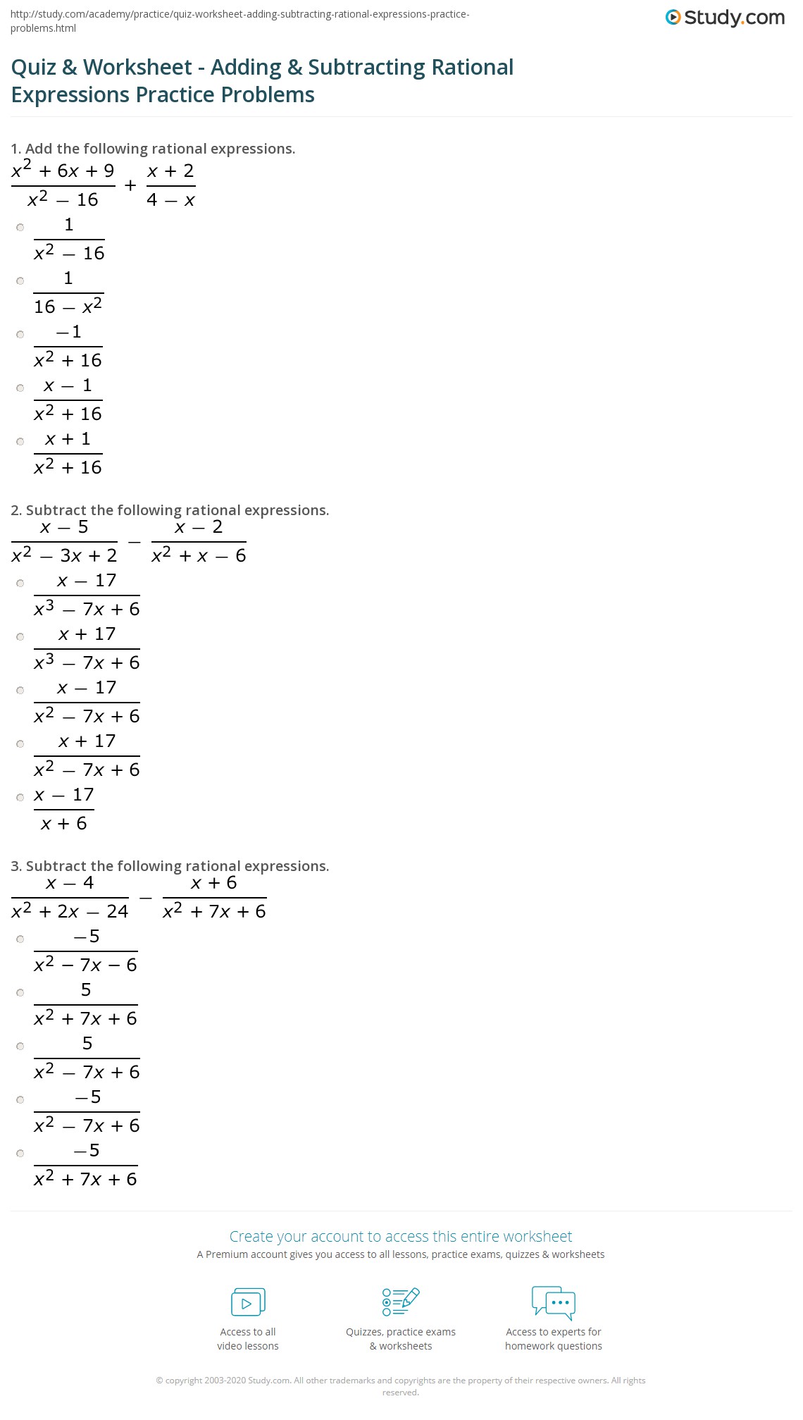 Quiz Worksheet Adding Subtracting Rational Expressions Practice