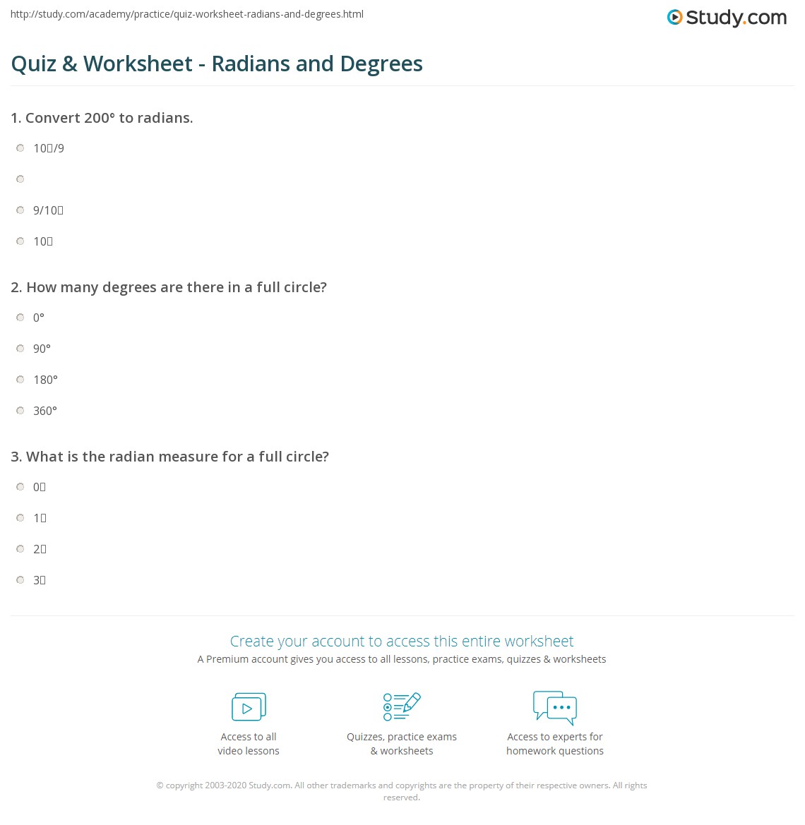 Quiz Worksheet Converting Between Radians And Degrees Study Com