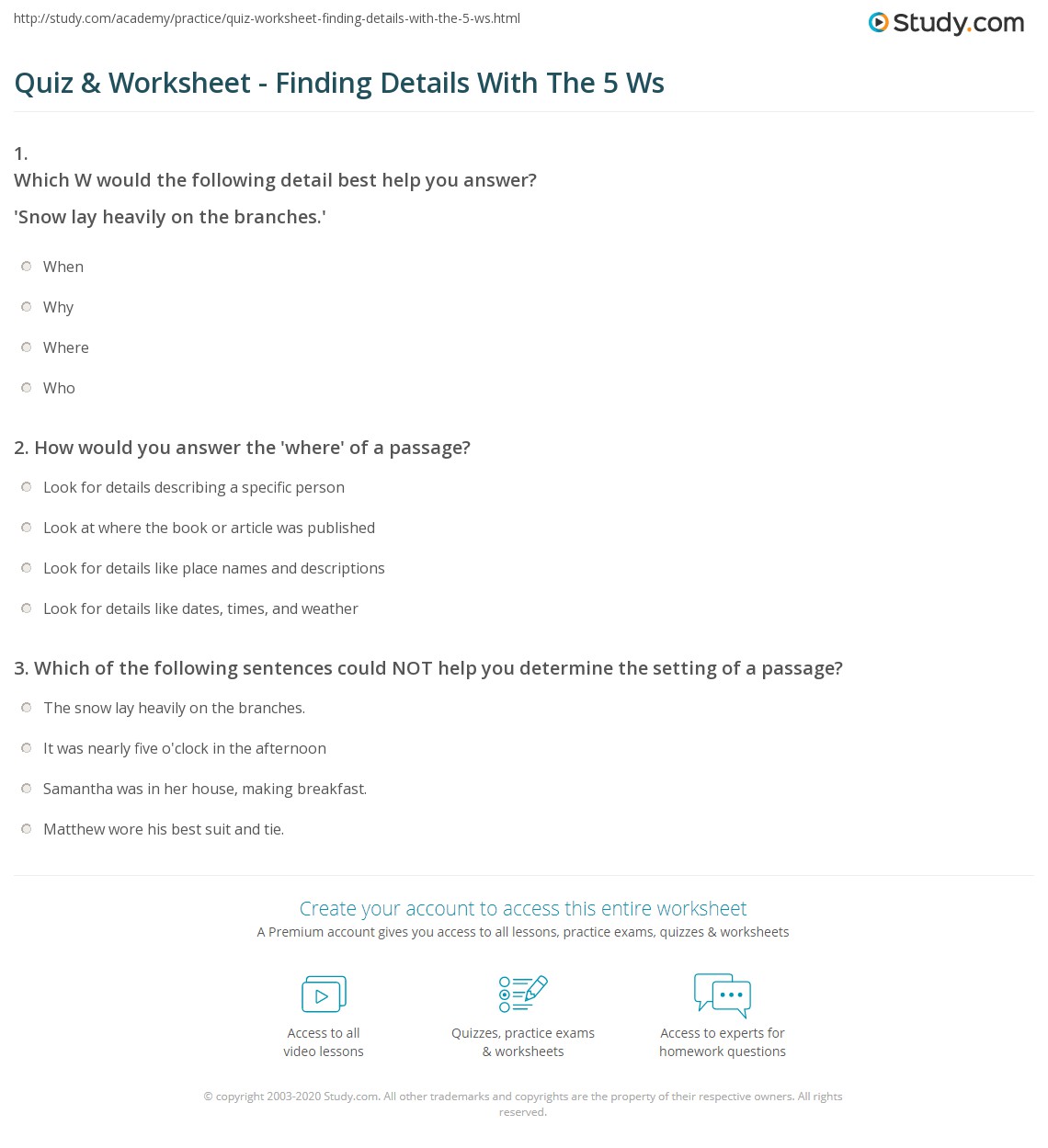 Quiz Worksheet Finding Details With The 5 Ws Study Com