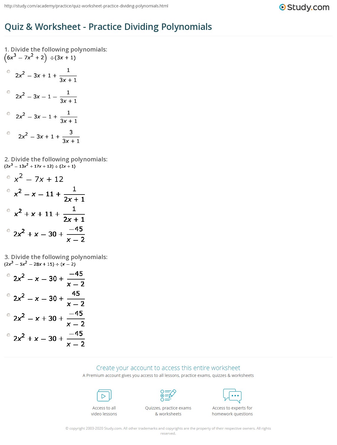 Quiz Worksheet Practice Dividing Polynomials Study Com