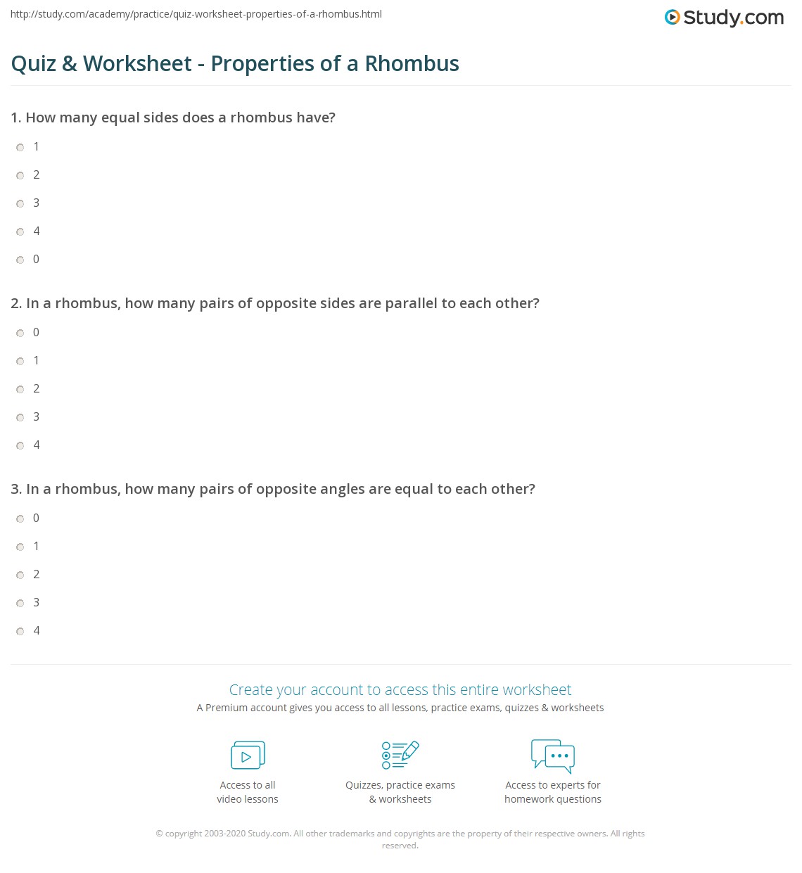 Quiz Worksheet Properties Of A Rhombus Study Com