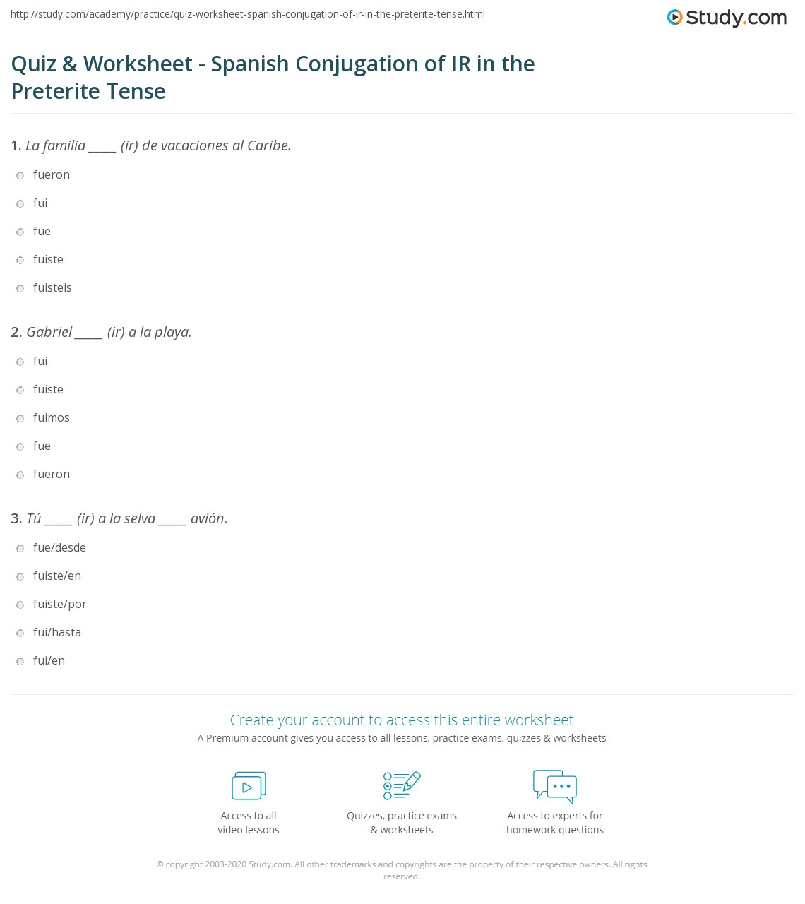 Quiz Worksheet Spanish Conjugation Of Ir In The Preterite Tense