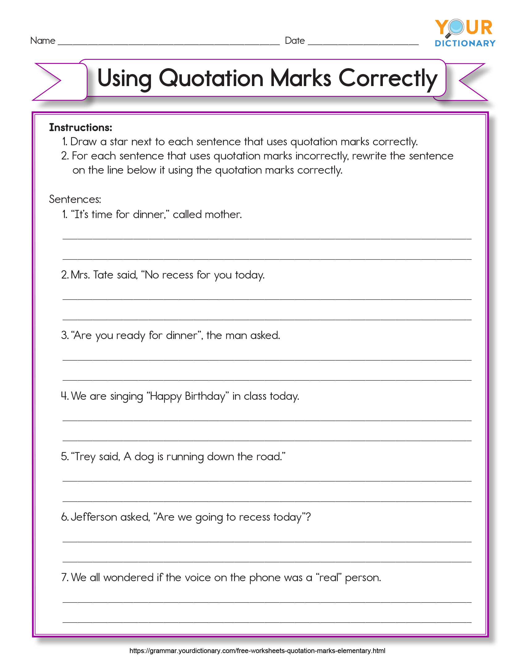 Quotation Mark Worksheet Worksheets