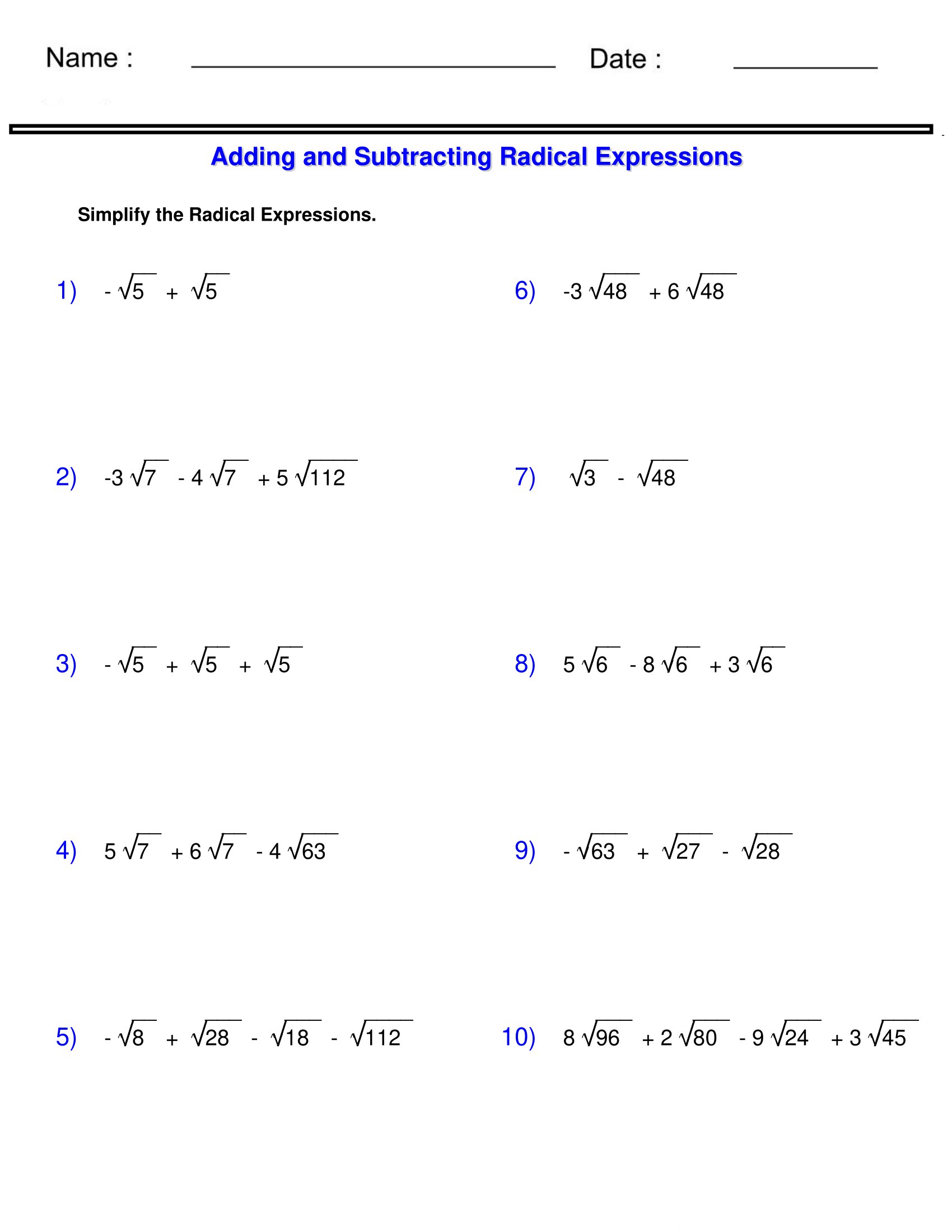 Radicals Worksheets Adding And Subtracting Radical Expressions Made