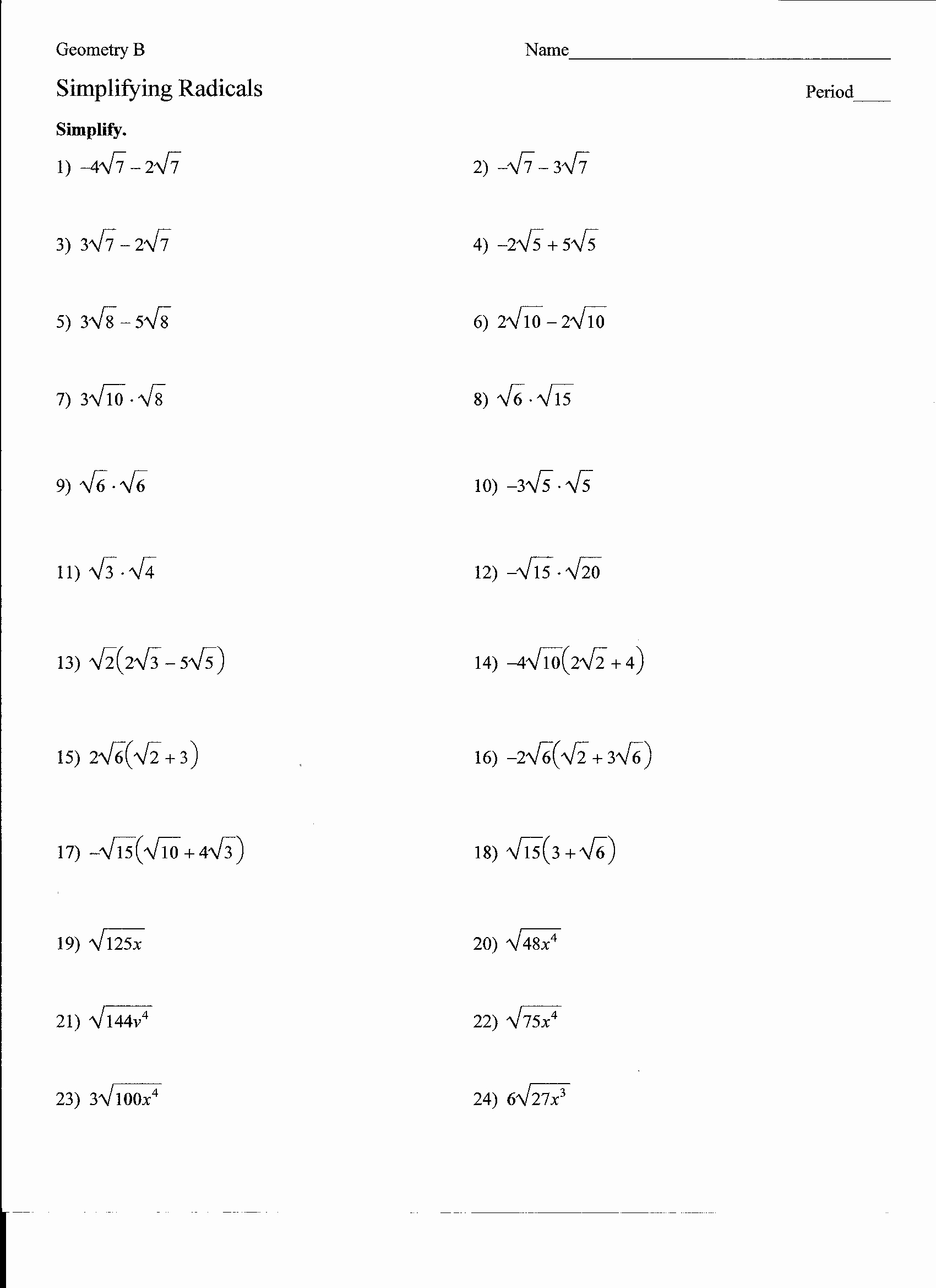 Radicals Worksheets With Solutions