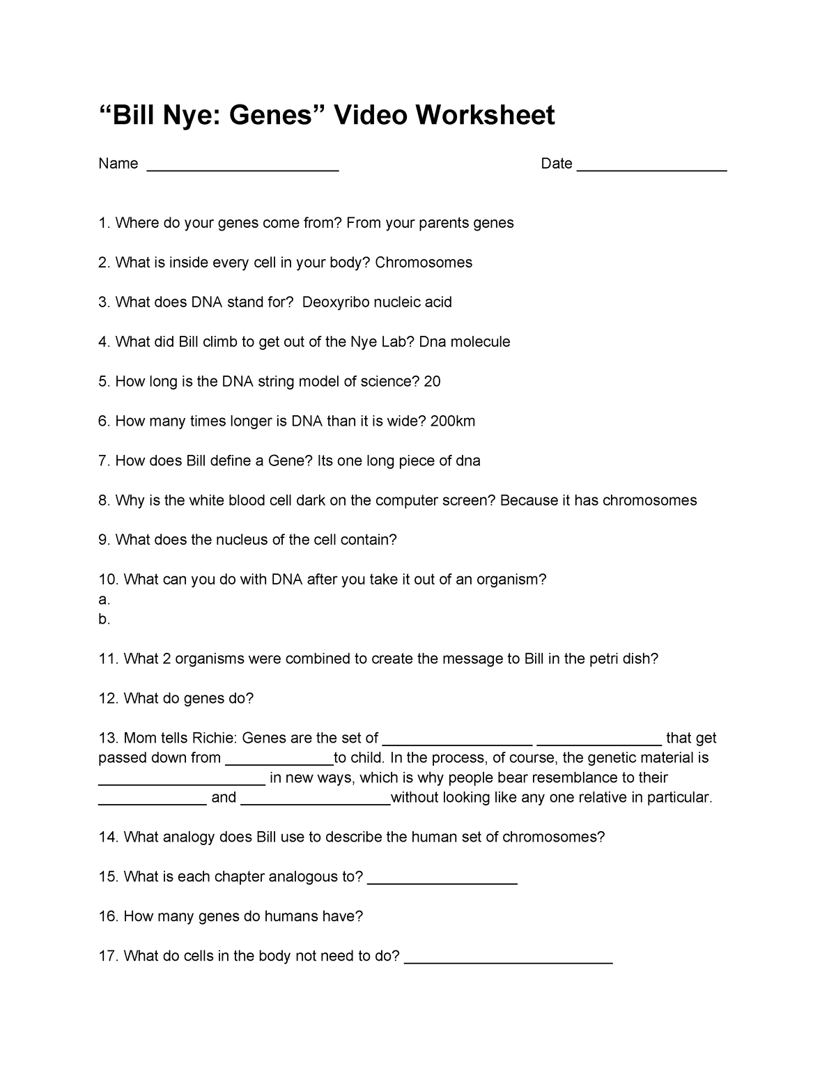 Random Bill Nye Genes Worksheet Bill Nye Genes Video Worksheet